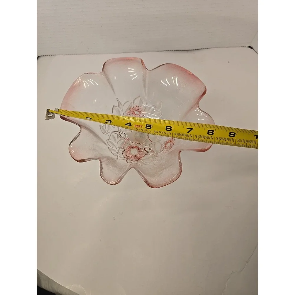Mikasa Crystal Rosella Ruffled Edge Serving Dish Raised Pink Flowers VTG 80s-90s